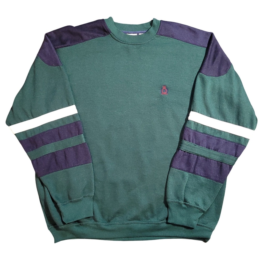 VTG Bugle Boy Company Mens Green Navy Stripe Sleeve Crewneck Sweatshirt L